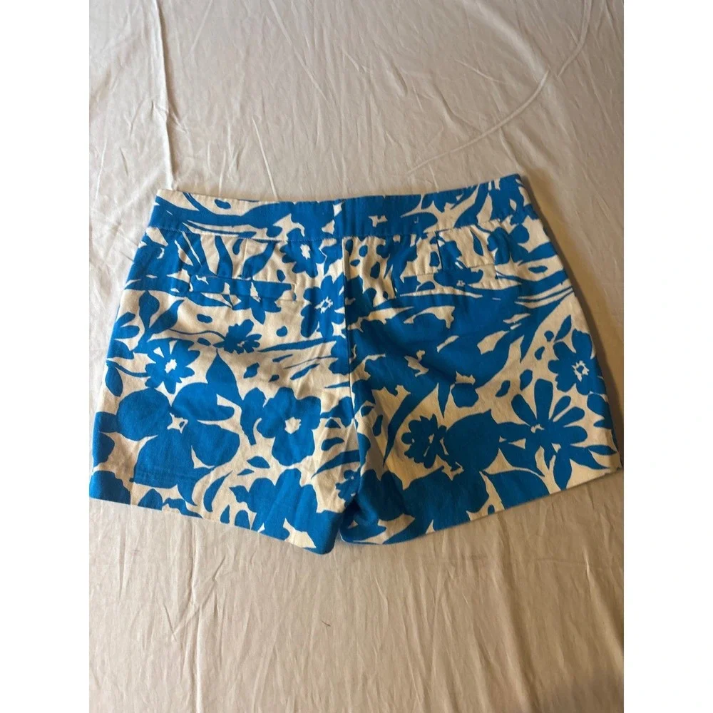 J.crew Floral Print Chino Shorts Womens Size 10 Blue White Mid Rise Side Zipl